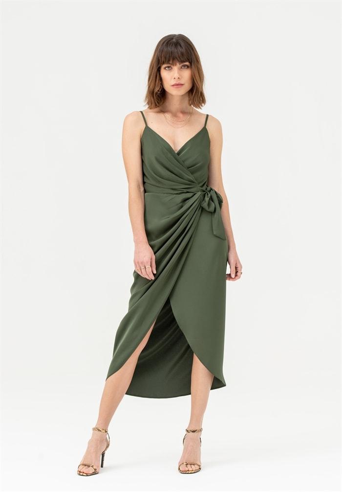 Tie Side Cami Wrap Dress in Khaki Green – Liena